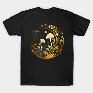 Round Floral Mushroom Artwork Golden T-Shirt